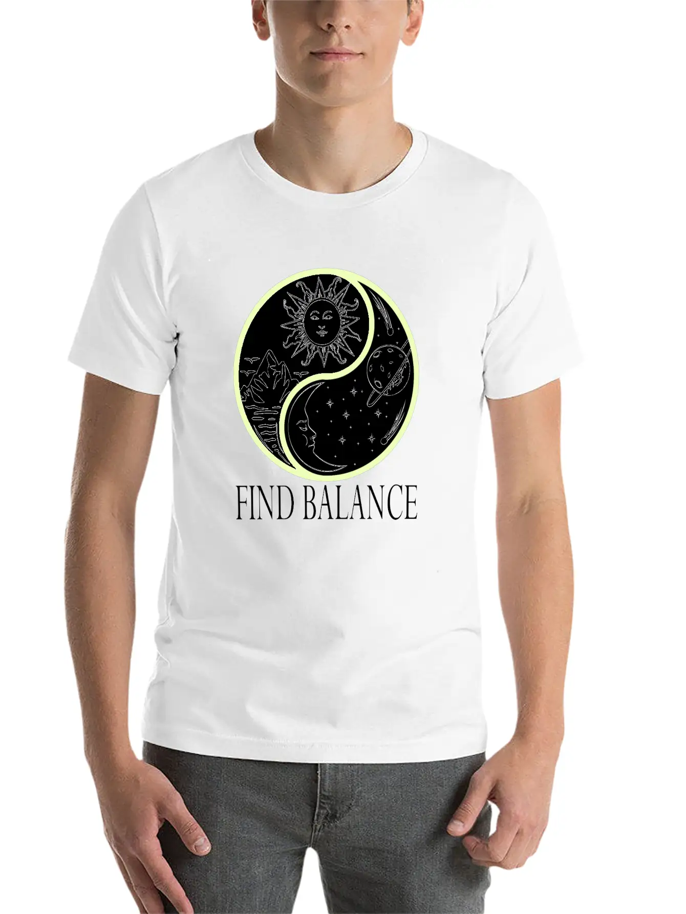 Yin & Yang "Find Balance" Tshirt Design Sun Timeless Short Sleeve Tee – Comfy And Minimalist Design