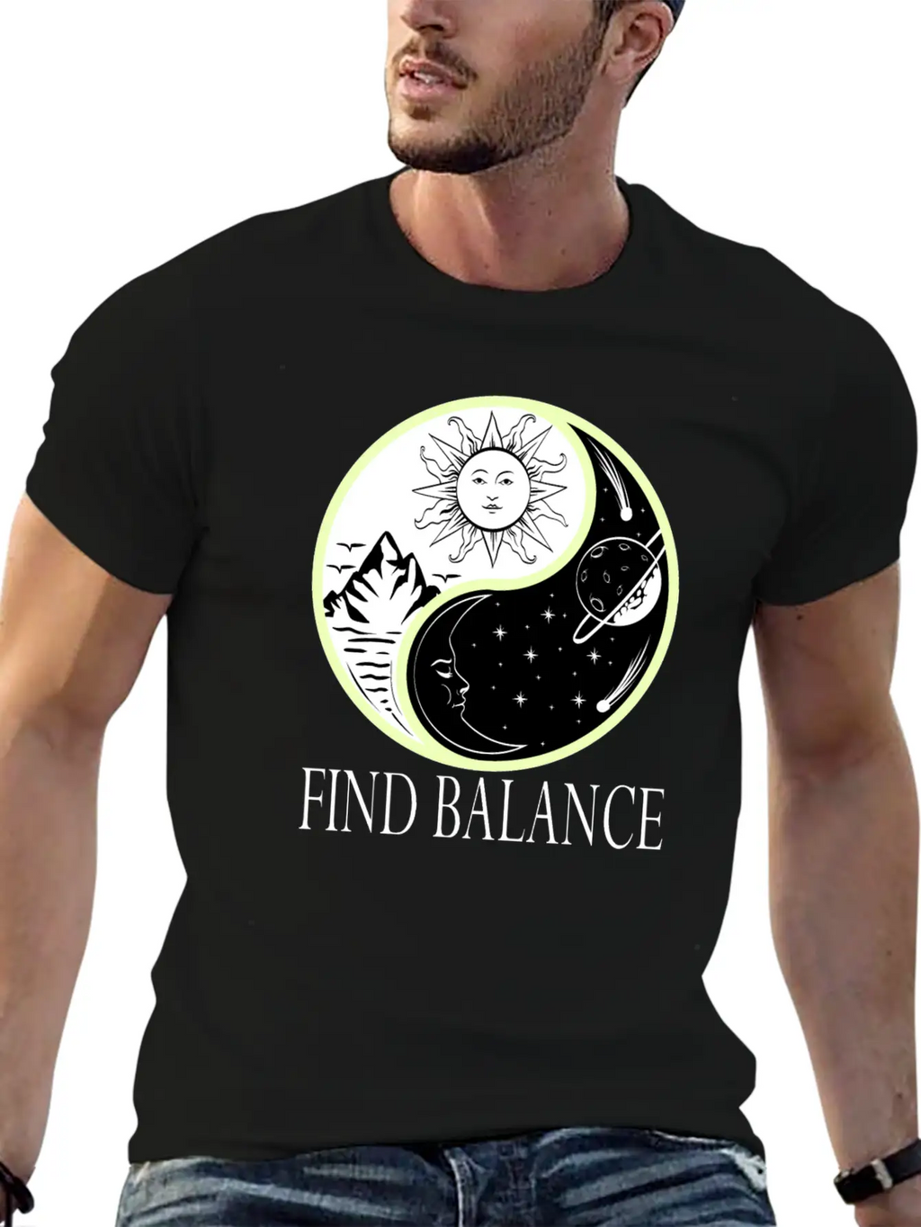 Yin & Yang "Find Balance" Tshirt Design Sun Timeless Short Sleeve Tee – Comfy And Minimalist Design