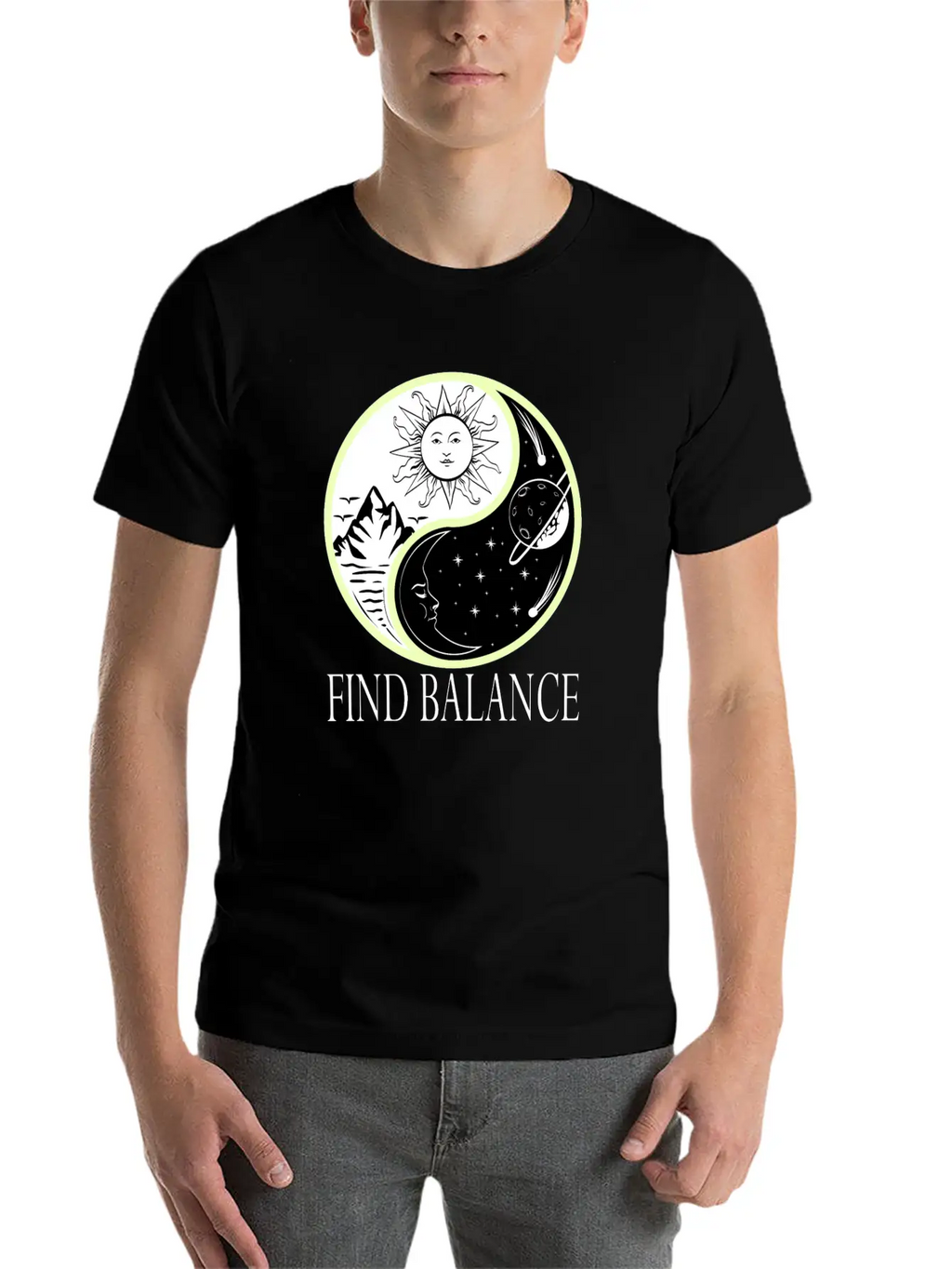 Yin & Yang "Find Balance" Tshirt Design Sun Timeless Short Sleeve Tee – Comfy And Minimalist Design