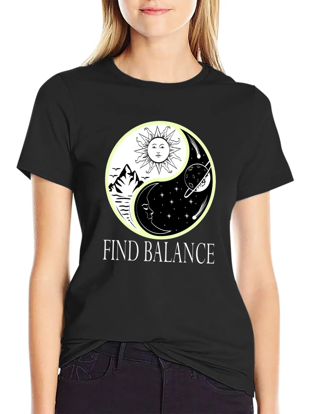 Yin & Yang "Find Balance" Tshirt Design Sun Timeless Short Sleeve Tee – Comfy And Minimalist Design