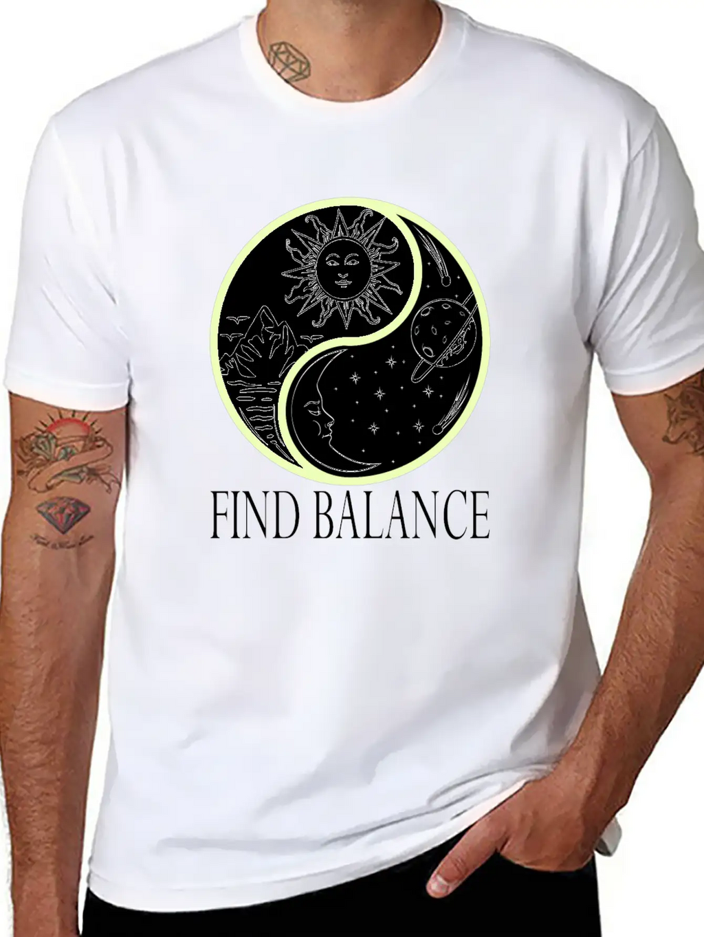 Yin & Yang "Find Balance" Tshirt Design Sun Timeless Short Sleeve Tee – Comfy And Minimalist Design