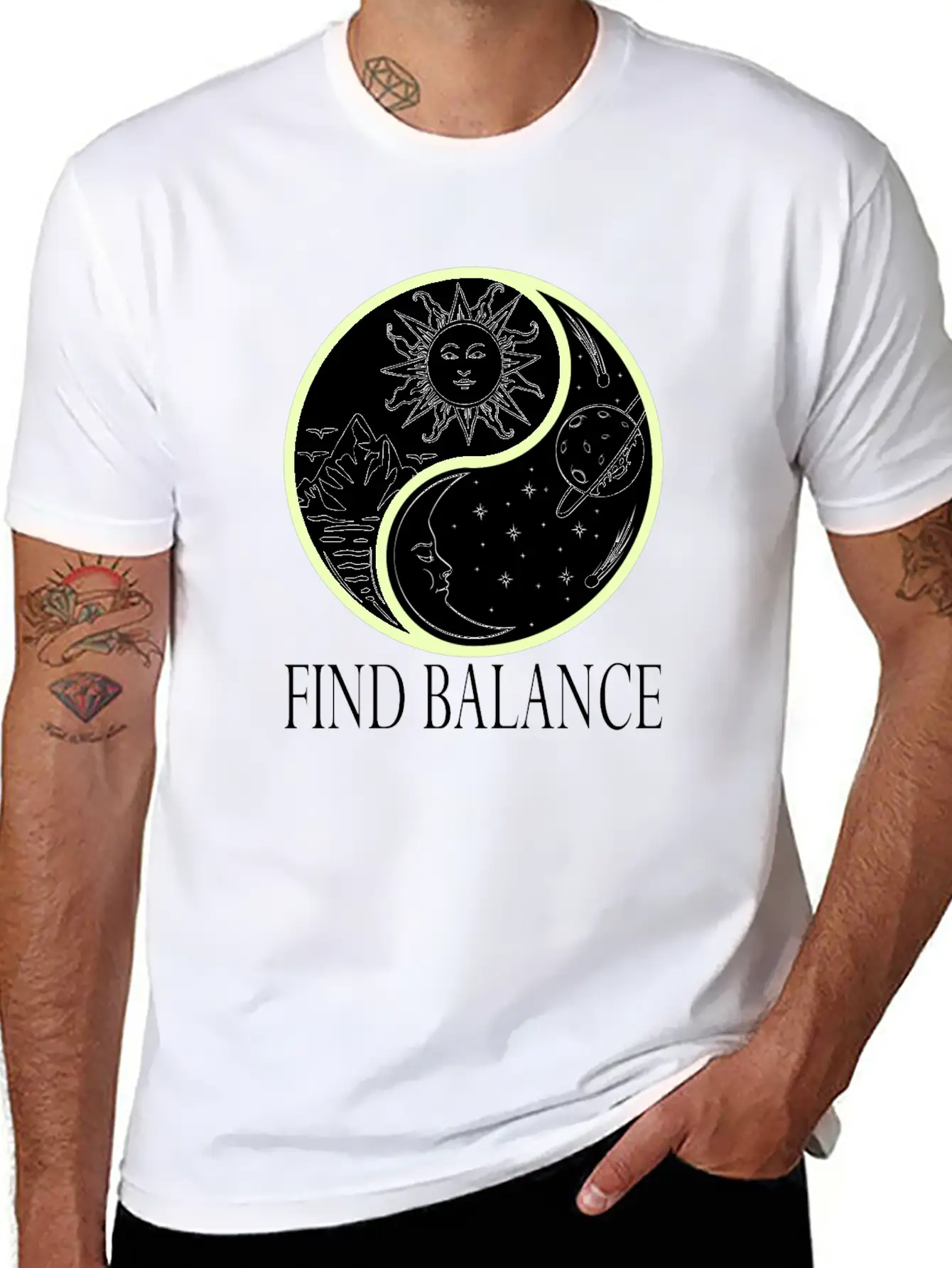 Yin & Yang "Find Balance" Tshirt Design Sun Timeless Short Sleeve Tee – Comfy And Minimalist Design