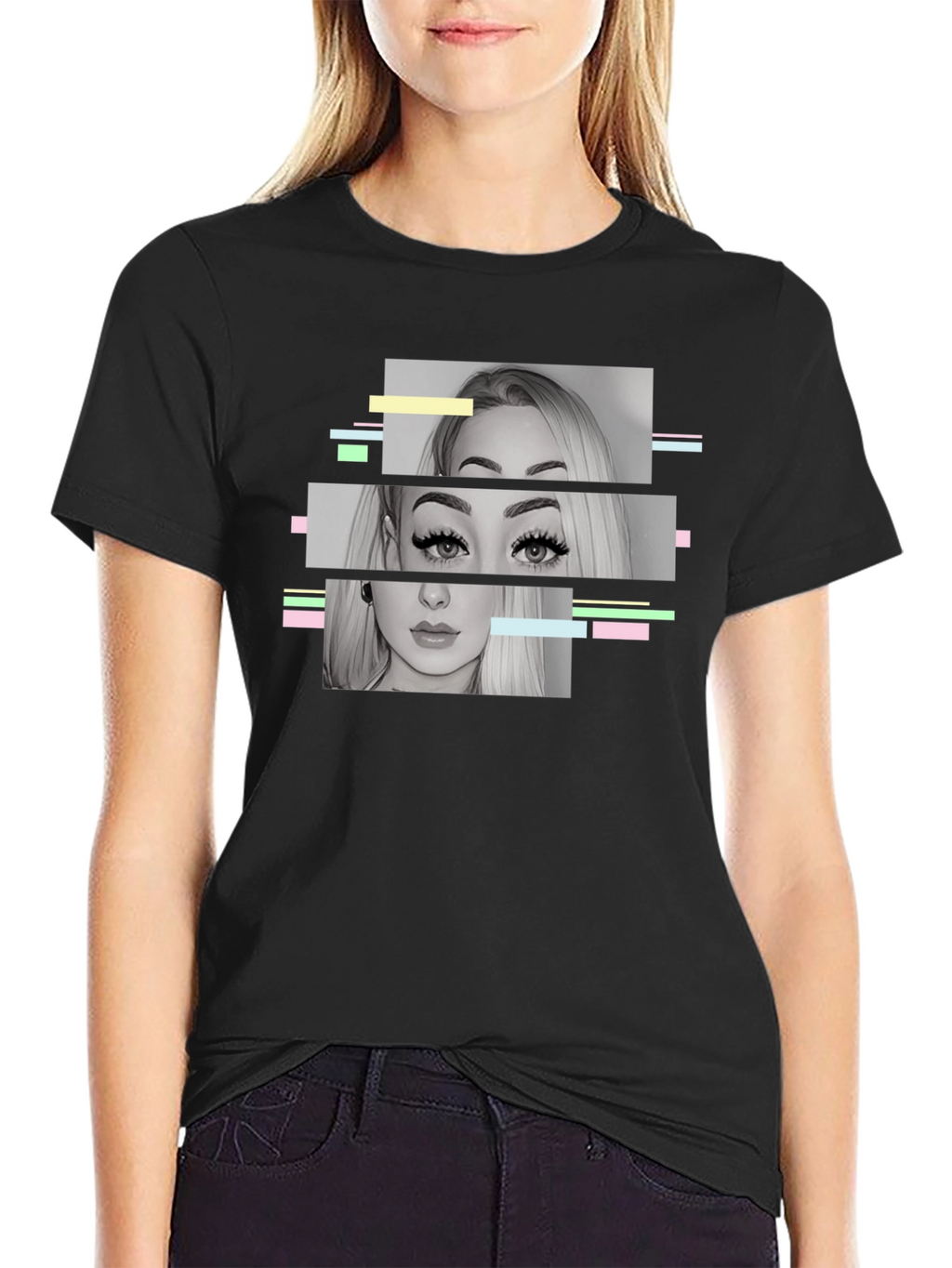 Glitch Portrait Graphic Tee - Modern Black T-Shirt