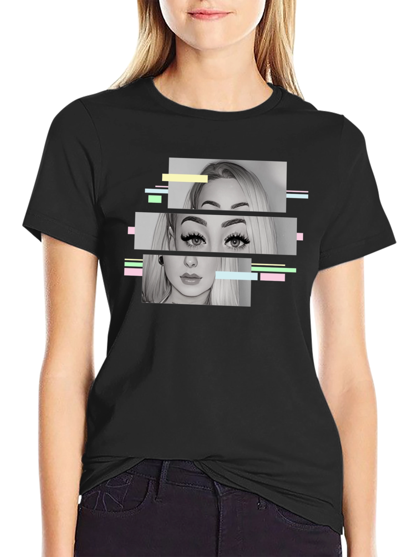 Glitch Portrait Graphic Tee - Modern Black T-Shirt