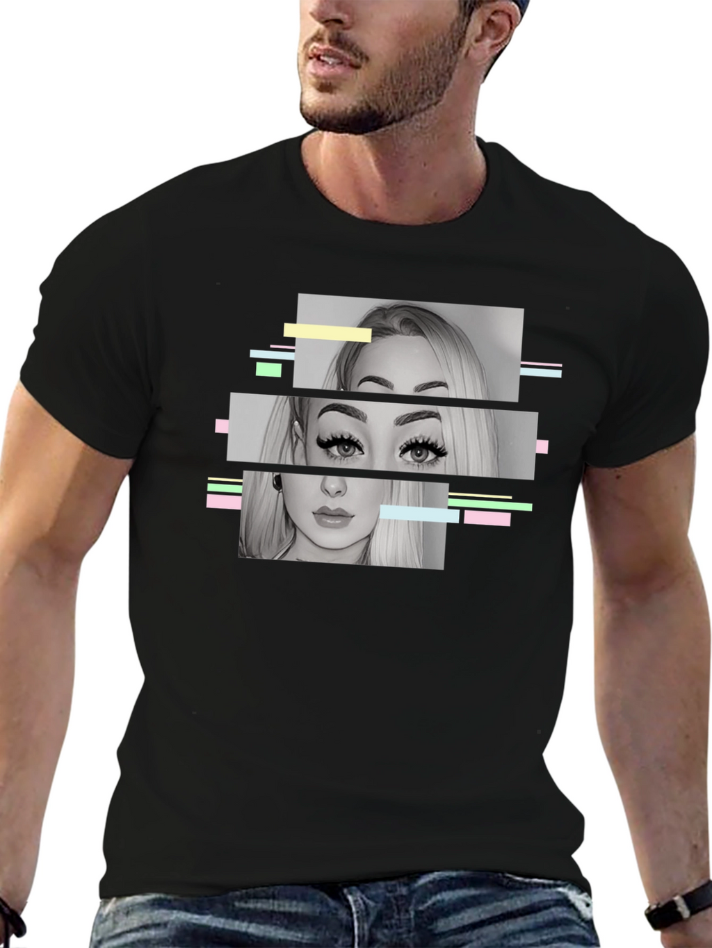 Glitch Portrait Graphic Tee - Modern Black T-Shirt