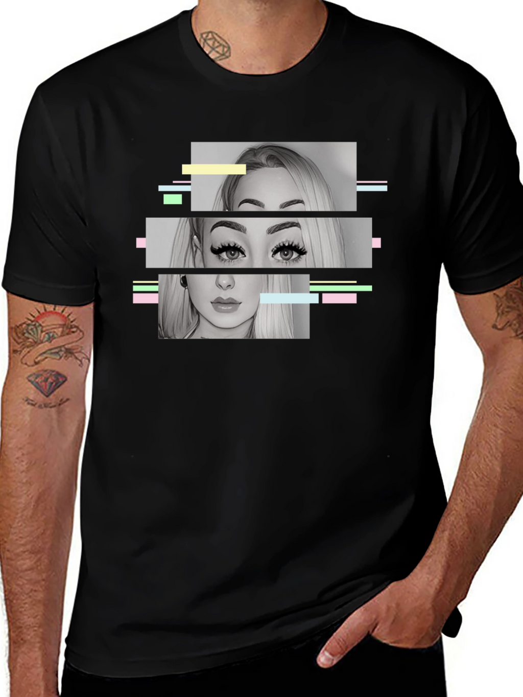 Glitch Portrait Graphic Tee - Modern Black T-Shirt