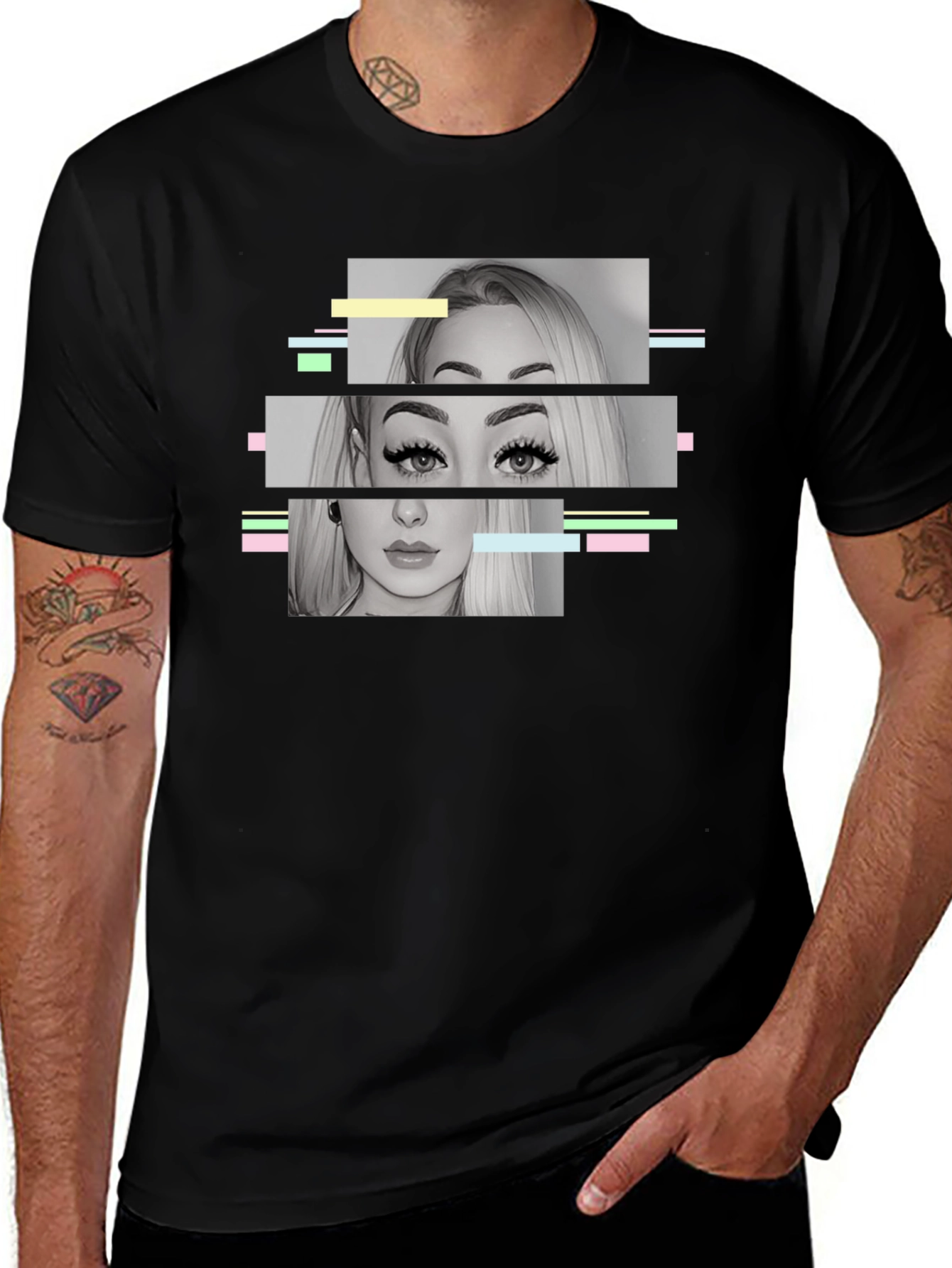 Glitch Portrait Graphic Tee - Modern Black T-Shirt