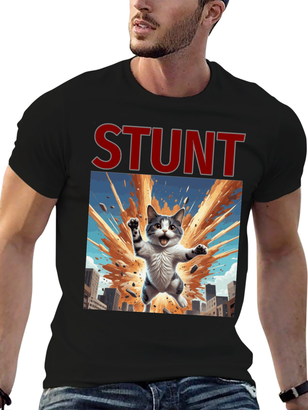 Stunt Cat Graphic Tee - Black Cotton T-Shirt