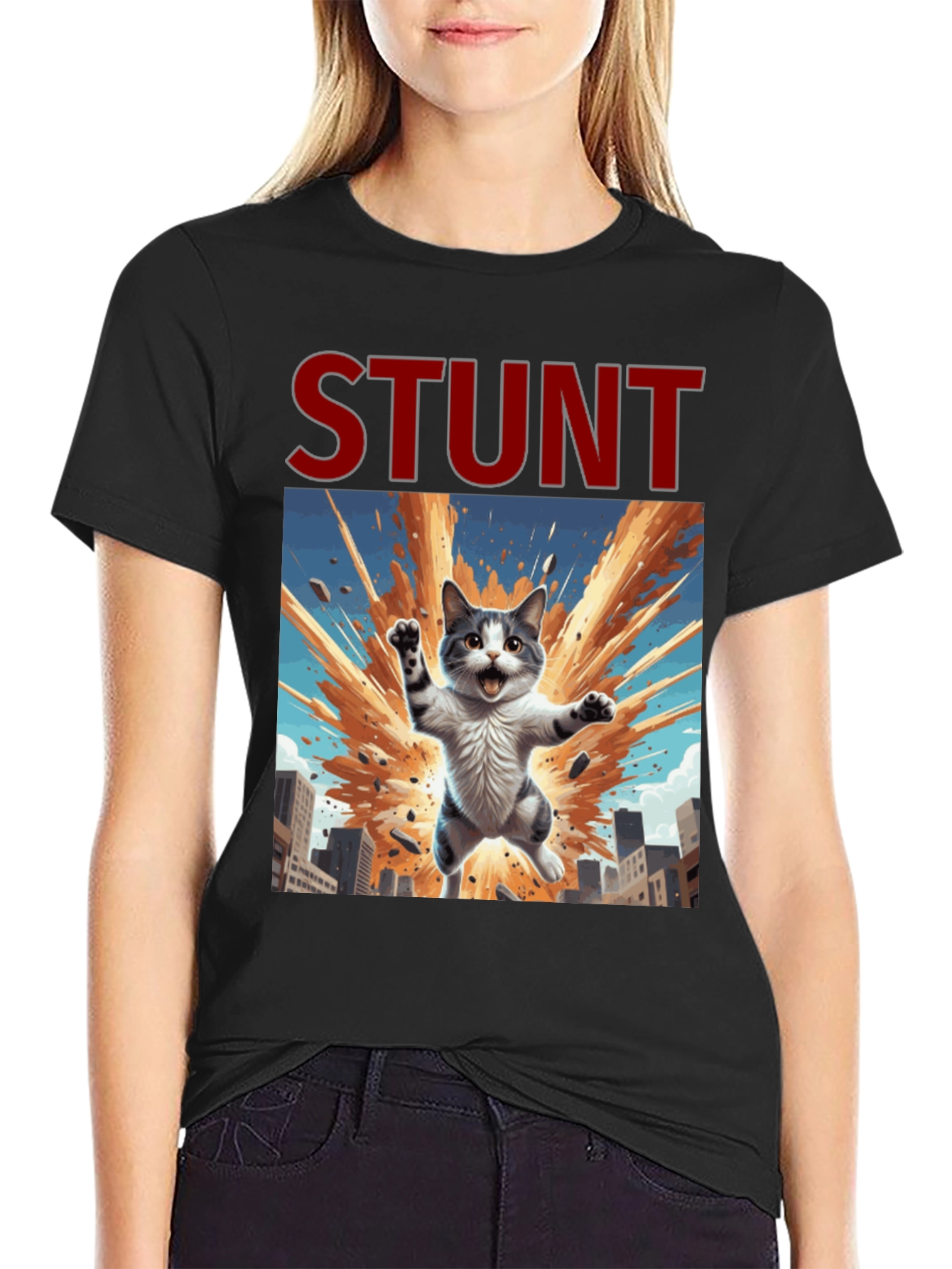 Stunt Cat Graphic Tee - Black Cotton T-Shirt