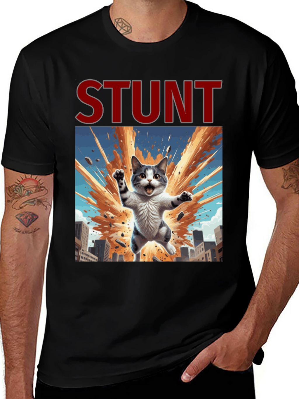 Stunt Cat Graphic Tee - Black Cotton T-Shirt