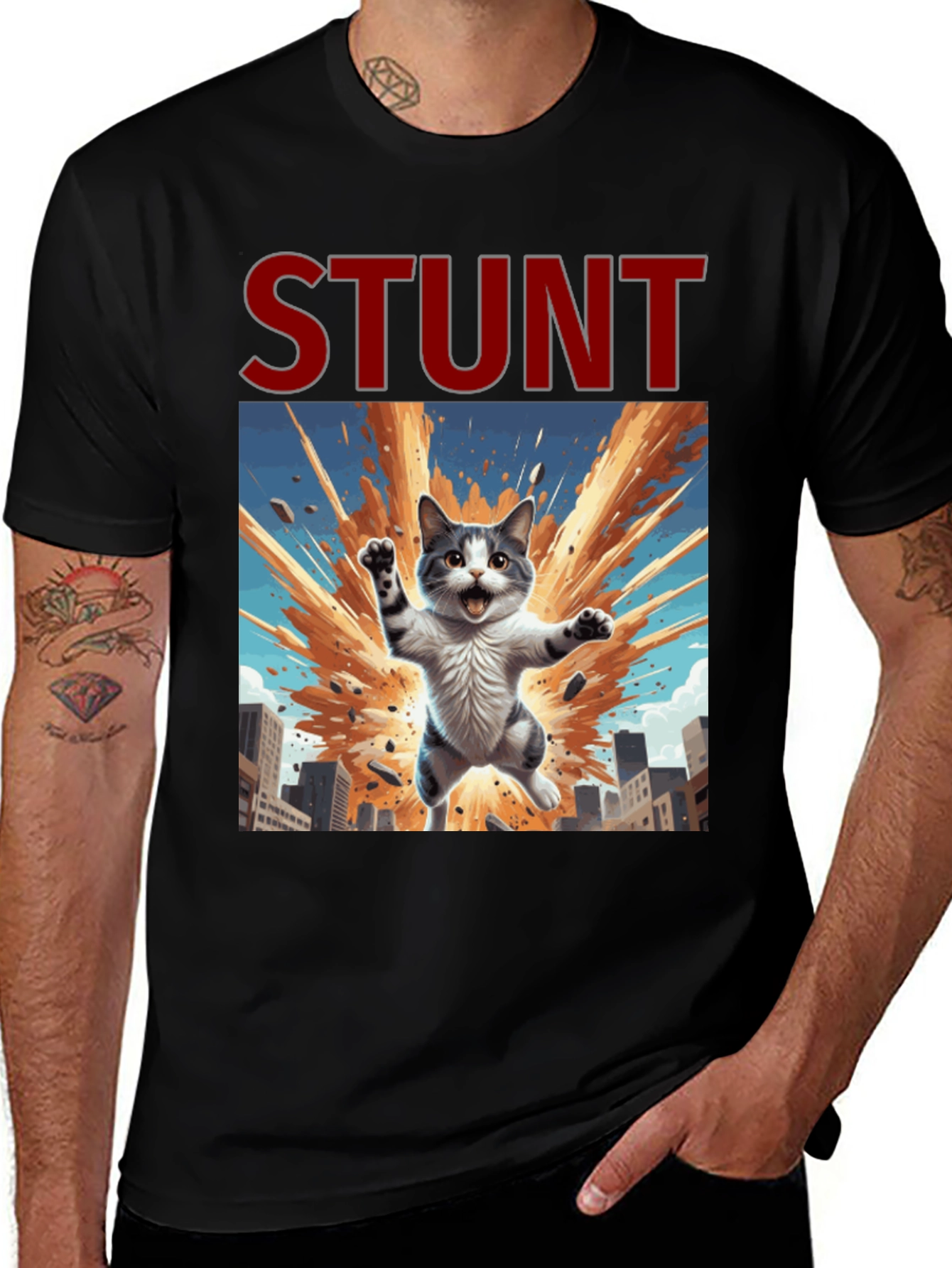 Stunt Cat Graphic Tee - Black Cotton T-Shirt