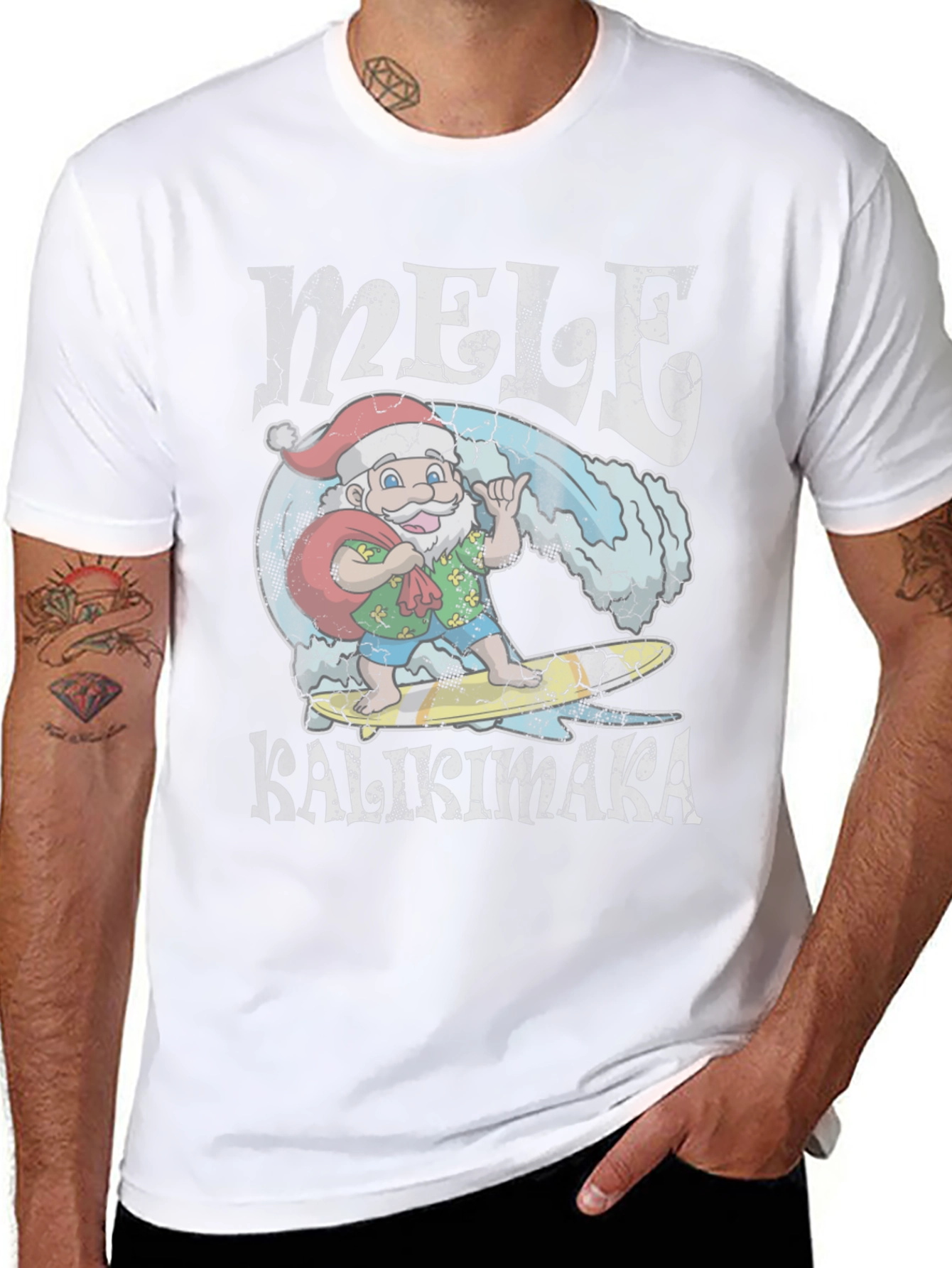 Mele Kalikimaka Santa Surfing Graphic T-Shirt