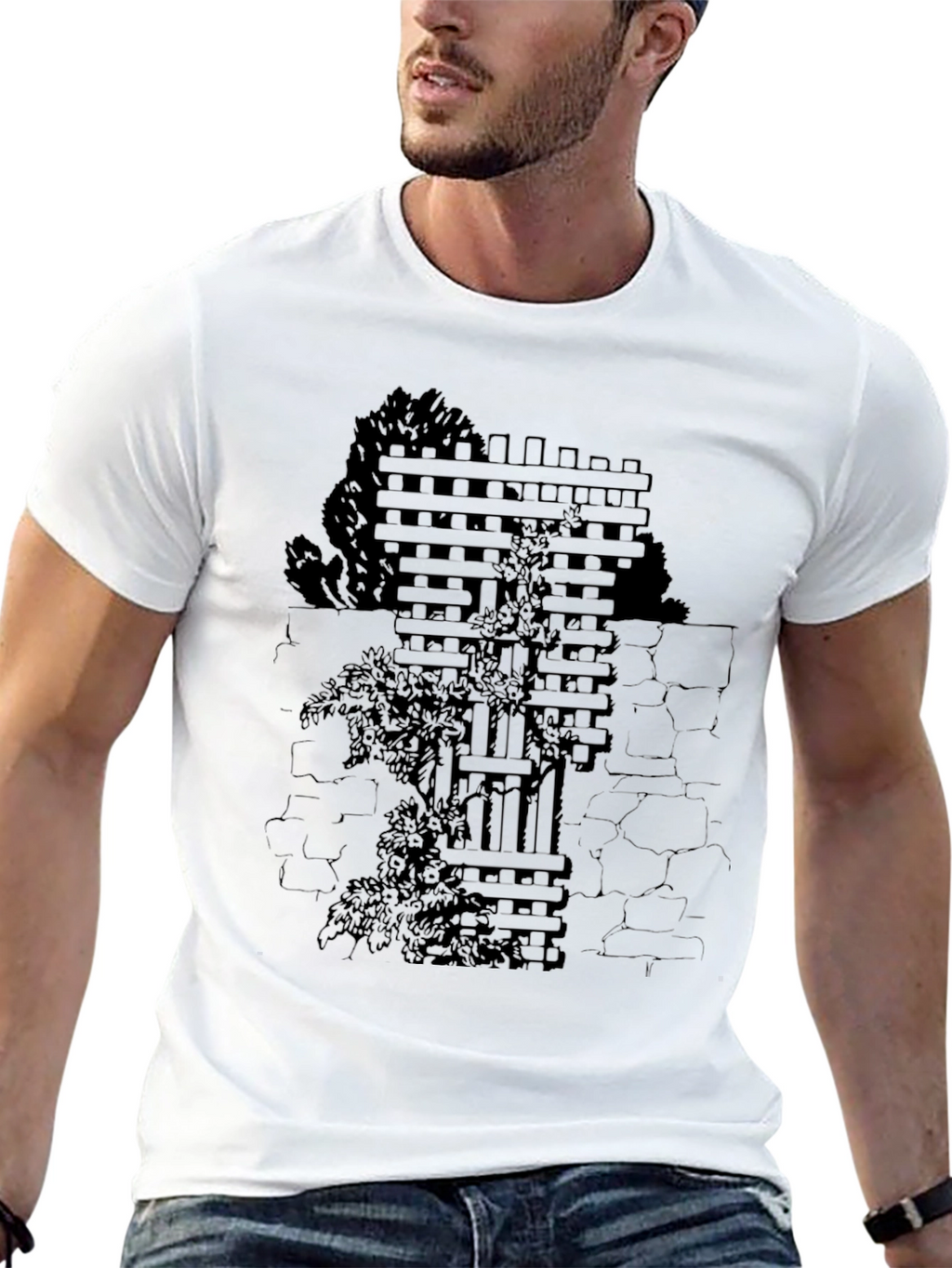 Mens Black T-Shirt with Wall & Vines Graphic