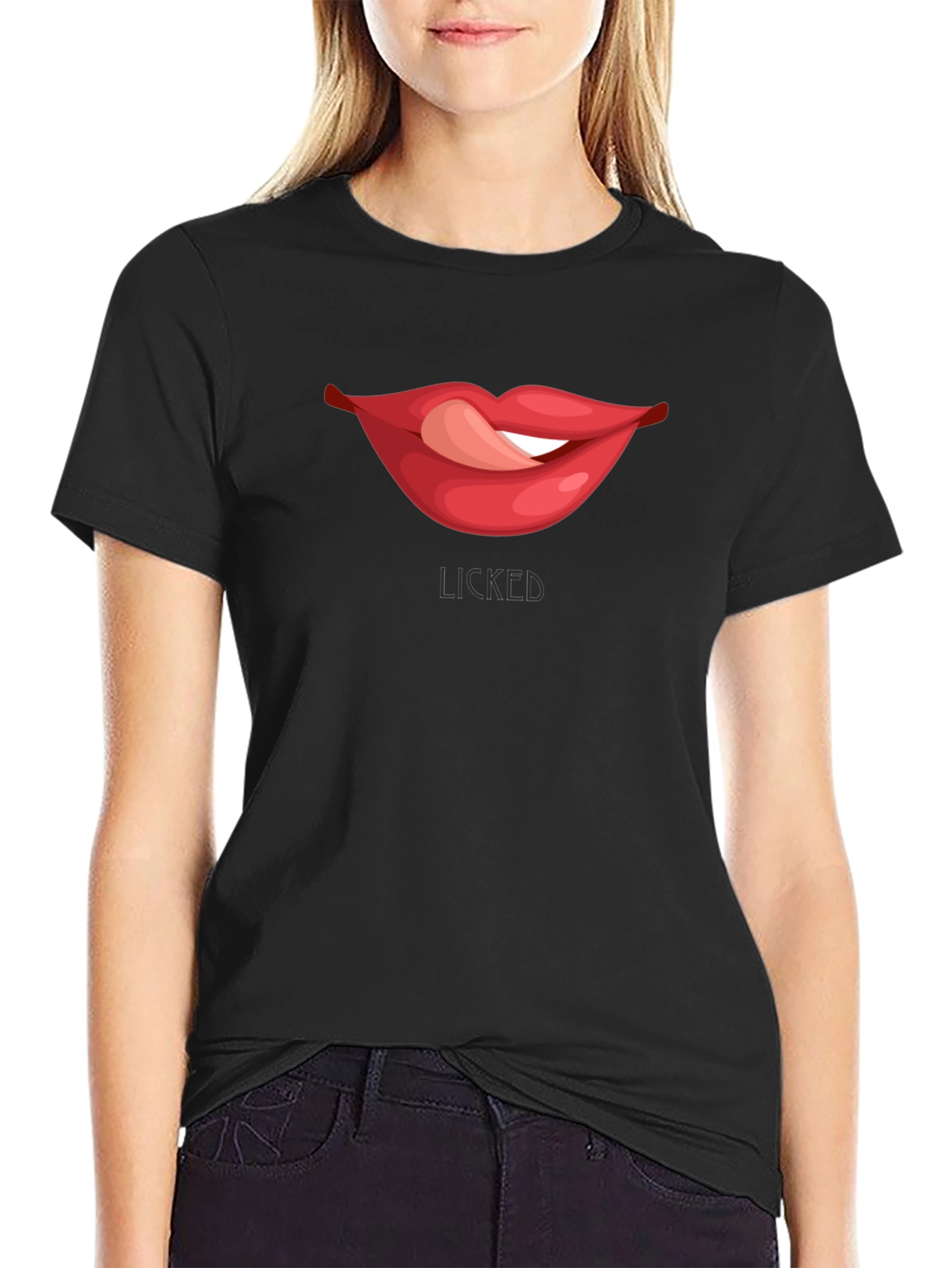 Licked Lips Graphic Tee - Black Cotton Blend T-Shirt